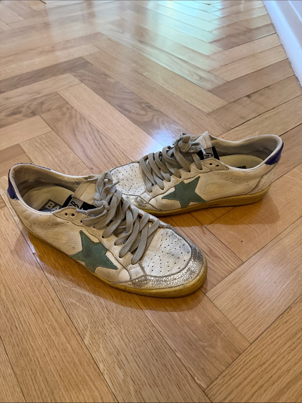 Golden Goose White Sneakers with Green Star and Gold Toe